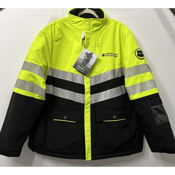 Refrigiwear Men's HIVI Jacket 2X Reflective Stripes Yellow Black Full Zip Thick